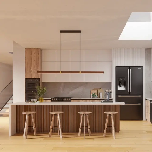 Aquila 2000mm Linear LED Pendant Natural Timber 32W TRI Colour Non-dimmable Walnut / Black 2M Drop IP20