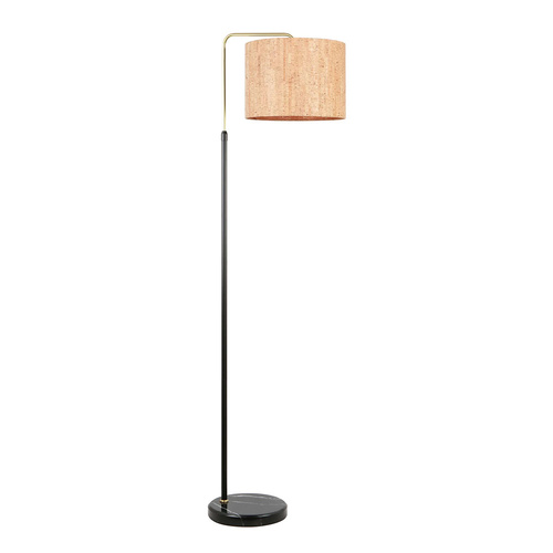 FLOOR ES Cork Look Fabric Drum Shade w/BLK & Sand Gold Height Adj Rod & BLK Marble Base