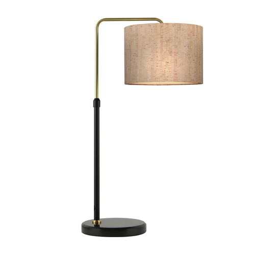 TABLE ES Cork Look Fabric Drum Shade w/BLK & Sand Gold Height Adj Rod & BLK Marble Base