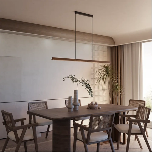Avocent 2000mm Linear LED Pendant Natural Timber 32W TRI Colour Non-dimmable Walnut / Black 2M Drop IP20