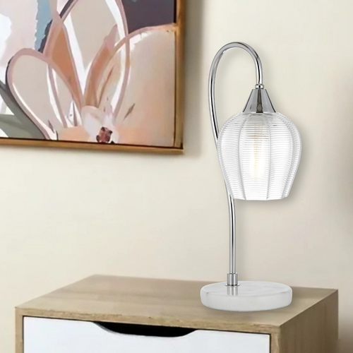 AZALEA TABLE LAMP 25wE27max L210 W160 H450 line swt WH MARBLE/CHROME/CLEAR