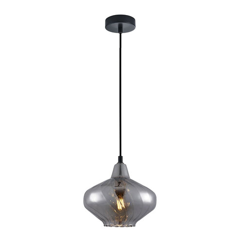 PENDANT SES 72W Smokey Black Wine Glass (Mirror) Ribbed w/Brass Highlight OD180 x H190mm
