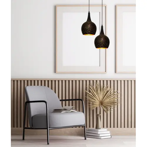 PENDANT ES 40W BLK Embossed BELL w/Gold Interior OD 200mm