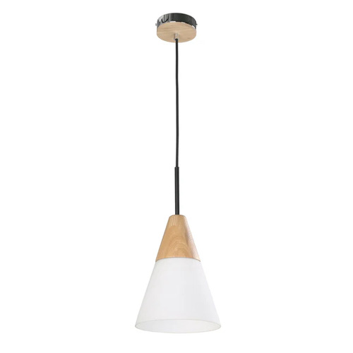 PENDANT ES Opal glass MED CONE w/wood highlights OD195mm