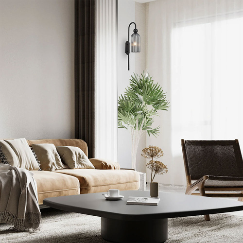 Wall Int S/M SES Ribbed Smokey BLK Glass (Mirror Finish) & BLK Hardwire RND TOP CYLINDER