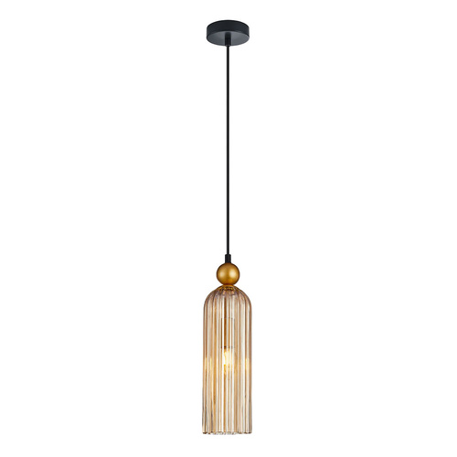 PENDANT SES Amber Glass & GOLD Highlight RND TOP CYLINDER Ribbed OD100mm