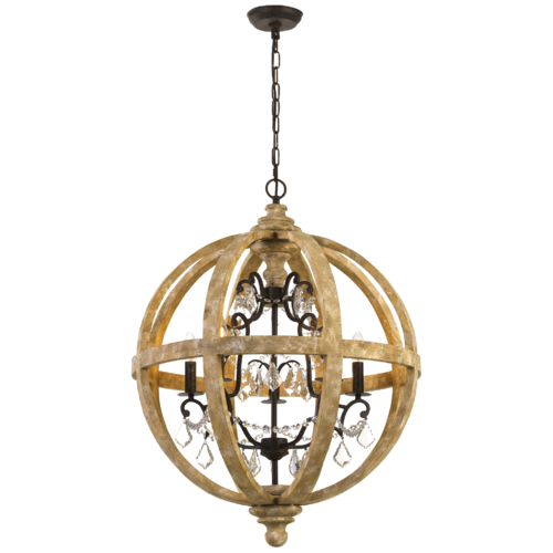 FLORIN 5 PENDANT 5*25wE14max  D 615 H 840 WOOD IRON CLEAR CHAIN:2m