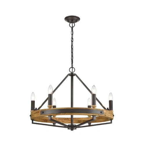 PENDANT SESx6 Small OD662mm Candelabra Natural Wood & Oil Rubbed Bronze Hardware