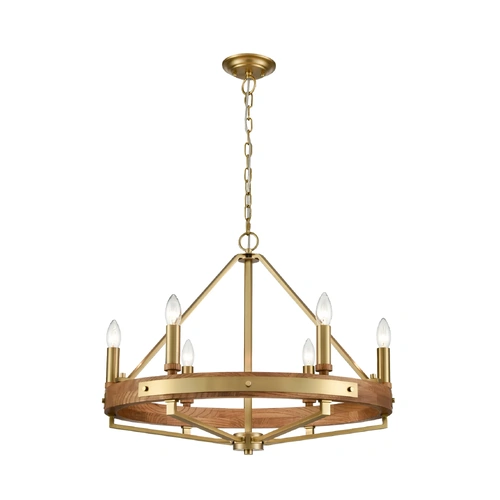 PENDANT SESx6 Small OD662mm Candelabra Medium Oak Wood & Satin Brass Hardware