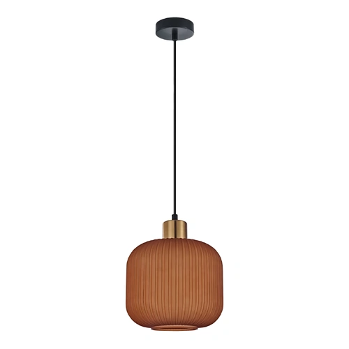 PENDANT ES JAR Terracotta Colour Translucent Ribbed Glass Shade w/Brass Highlight OD200mm