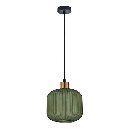 PENDANT ES JAR Green Translucent Ribbed Glass Shade w/Brass Highlight OD200mm