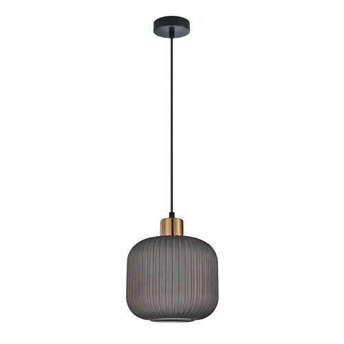 PENDANT ES JAR Smokey Black Translucent Ribbed Glass Shade w/Brass Highlight OD200mm