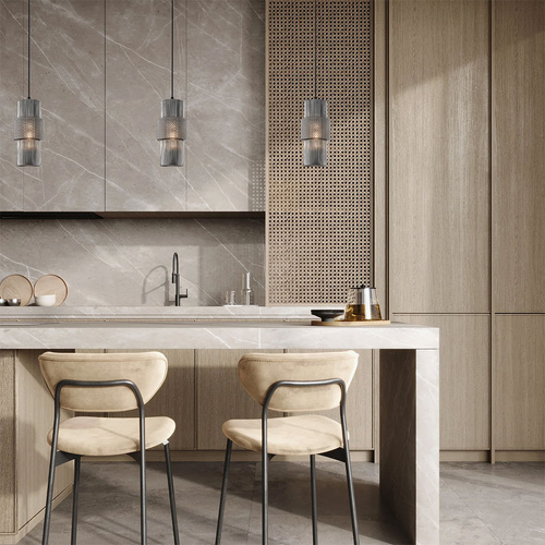 PENDANT ES Smokey BLK Glass (Mirror Finish) DBL CYLINDER Ribbed w/Segments OD130mm