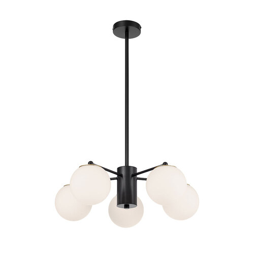 MARSTEN 5LT PENDANT 5x25wE27 D:600 H:185 BLACK&OPAL GLASS ROD:2*600+1*300