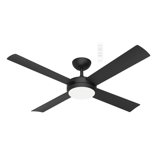 Quantum DC 1320mm All ABS 4 Fast Fix Blade Remote Control Ceiling Fan With 24W Dimmable Tricolour LED Light Matt Black