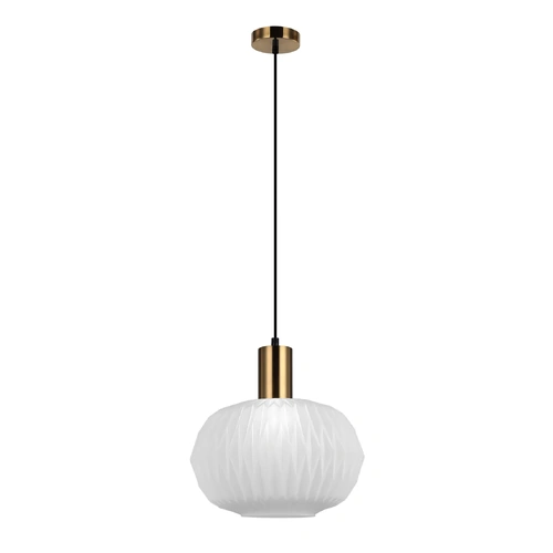 PENDANT ES Pleated Opal Translucent Glass Angled Dome w/ Brass Highlight OD300mm