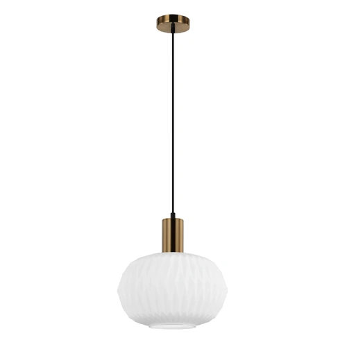 PENDANT ES Pleated Opal Opaque Glass Angled Dome w/ Brass Highlight OD300mm