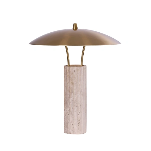 TABLE LED 8W 3000K 400Lm Beige Travertine Base &  Brass Sun hat Shade OD300mm