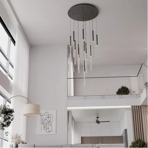 Rhea Pencil Drop 14 Light LED Pendant 100W TRI Colour Non-dimmable Ø700 Clear Cord Black Metalware IP20