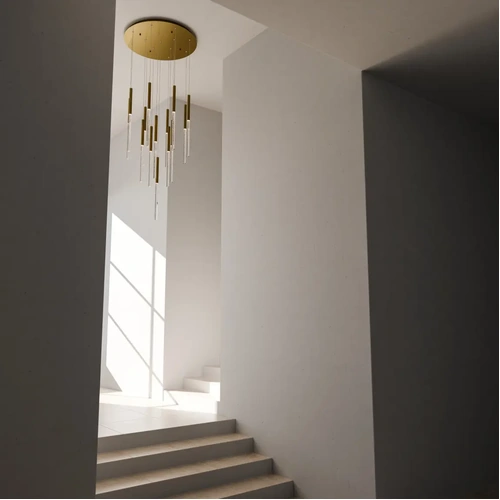 Rhea Pencil Drop 14 Light LED Pendant 100W TRI Colour Non-dimmable Ø700 Clear Cord Matt Brass Metalware IP20