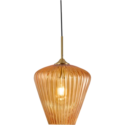 Ribbon Ribbed Glass E27 Pendant Small Ø230 Gold with Amber Glass IP20