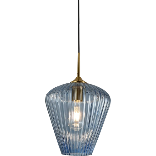 Ribbon Ribbed Glass E27 Pendant Small Ø230 Gold with Blue Glass IP20