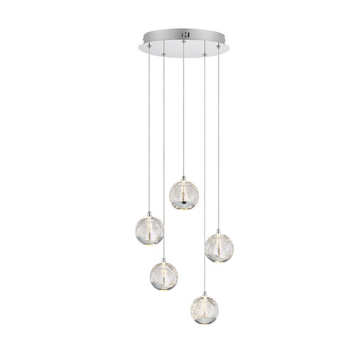 SEGOVIA 5 LTS PENDANT 5x5wLED 3000K D:300 1540Lm CAB.3m ( D:90 H:85) CHROME/BUBBLE GLASS