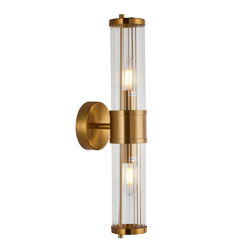 Wall Int S/M 2 x SES Up/Dn 2 x TUBULAR CLR Glass w/ Antique Brass Base