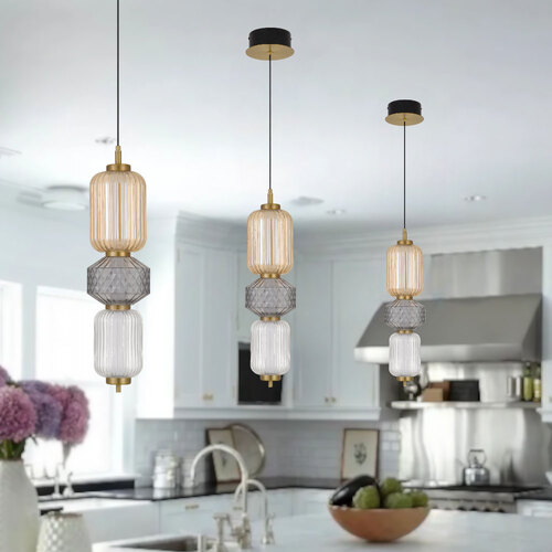 TORSO PENDANT 3LT 15wLED 3000K NON-DIM 2WAY D150x680 2M 565Lm BRASS/AMBER SMOKE CLEAR