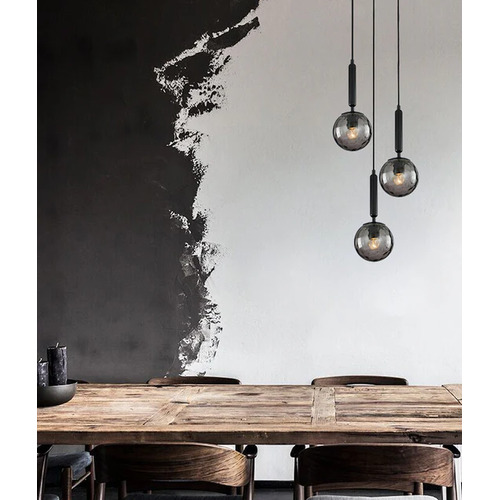 PENDANT ES 3X10W BLK Smoke Spherical Glass Enclosed RND Base