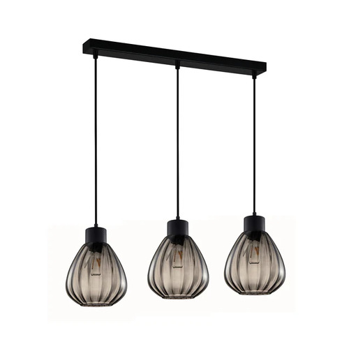 PENDANT ES 3X72W BLK Smoke Wine Glass Ribbed SQ Base