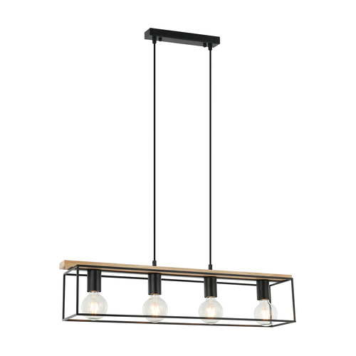 PENDANT ESx4 Rect Natural Wood & Blk Hardwire Iron L 800 mm